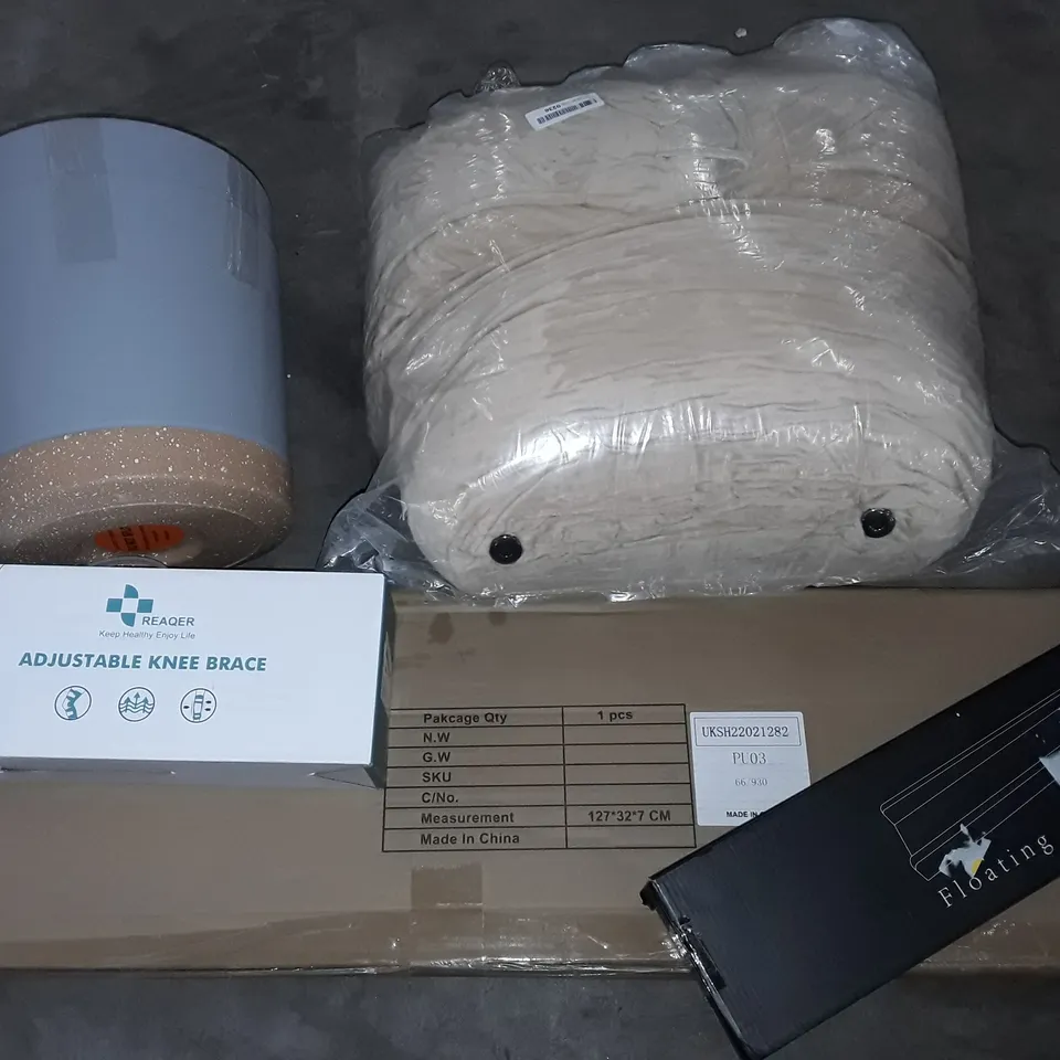 UNPROCESSED PALLET OF ASSORTED ITEMS TO INCLUDE FLOATING SHELF, ADJUSTABLE KNEE BRACE AND CARBON STEEL WOK