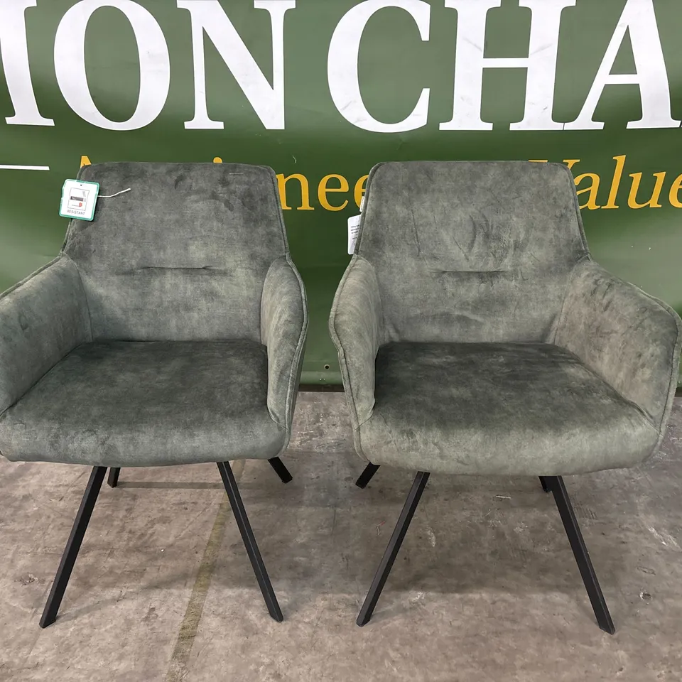 SET OF 2 DESIGNER GREEN VELVET CHAIRS WITH BLACK METAL LEGS (2 ITEMS)