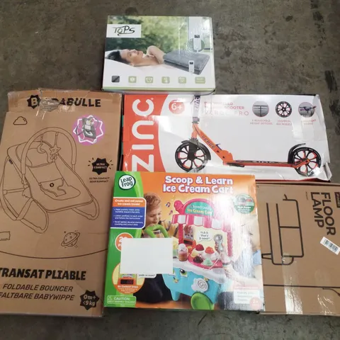 PALLET CONTAINING ASSORTED PRODUCTS INCLUDING FOLDABLE BOUNCER, HEATED THROW, ZINC FOLDING SCOOTER, ICE CREAM CART TOY & FLOOR LAMP