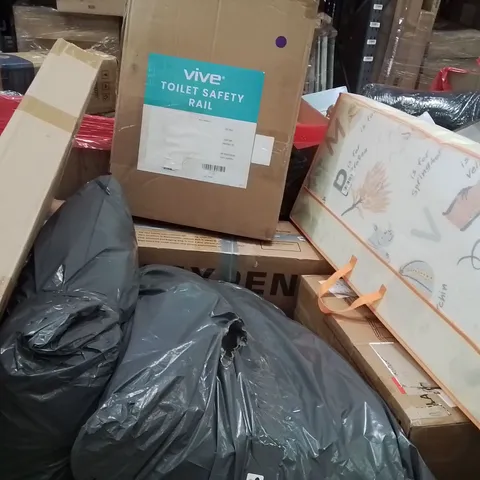 PALLET CONTAINING VARIOUS ASSORTED BOXED HOUSEHOLD ITEMS TO INCLUDE: PLAYMAT, TOILET SAFETY RAIL, PLAYPENS, AND LOTS MORE UNMARKED BOXED ITEMS 