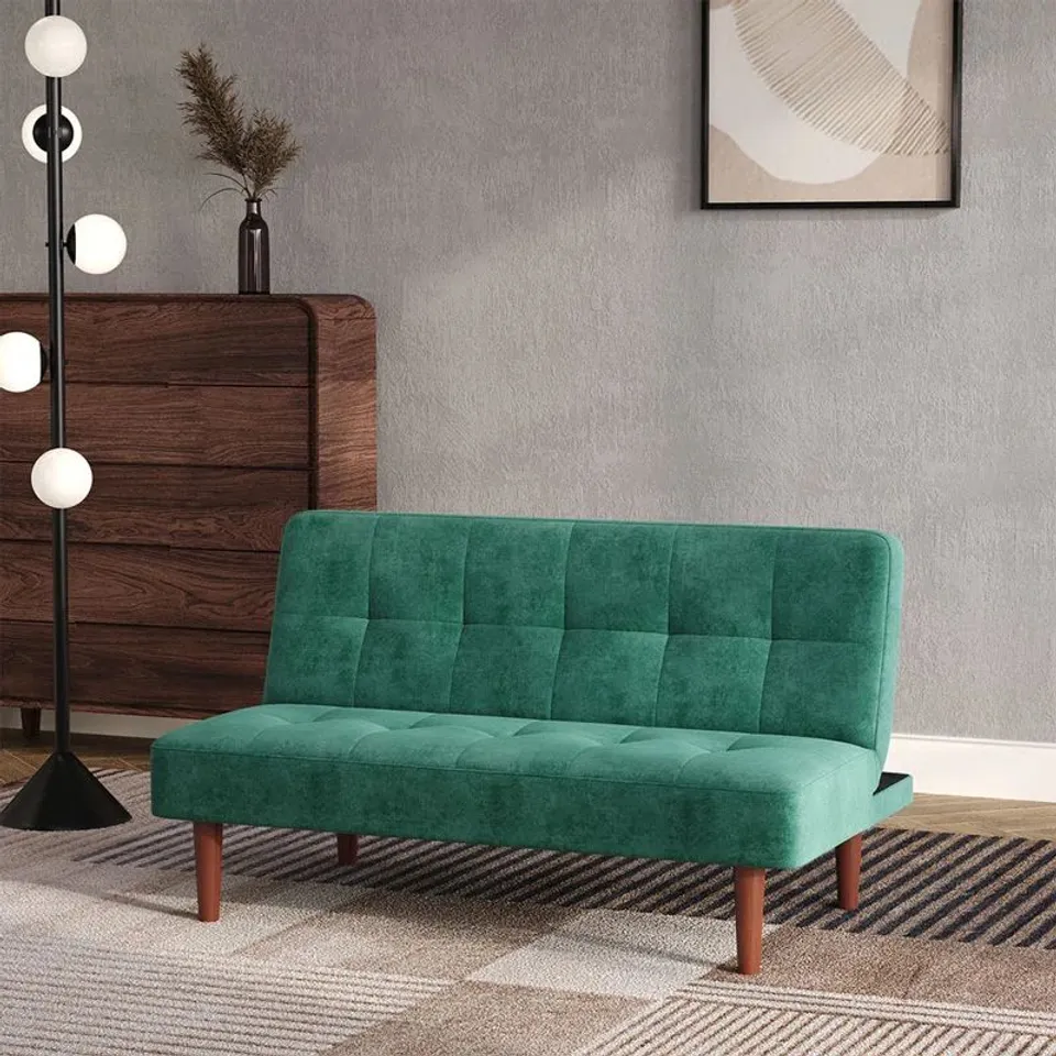 BOXED SMALL 122CM 2-SEATER PADDED CONVERTIBLE SOFA BED WITH WOODEN LEGS - GREEN (1 BOX)