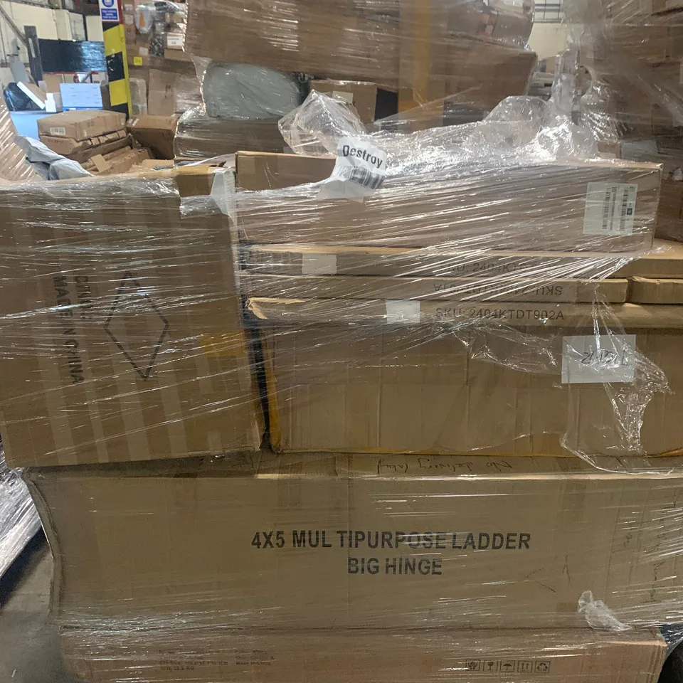 PALLET OF ASSORTED ITEMS TO INCLUDE FLATPACK FURNITURE, SILVER LINED FABRICS AND MULTIPURPOSE LADDER