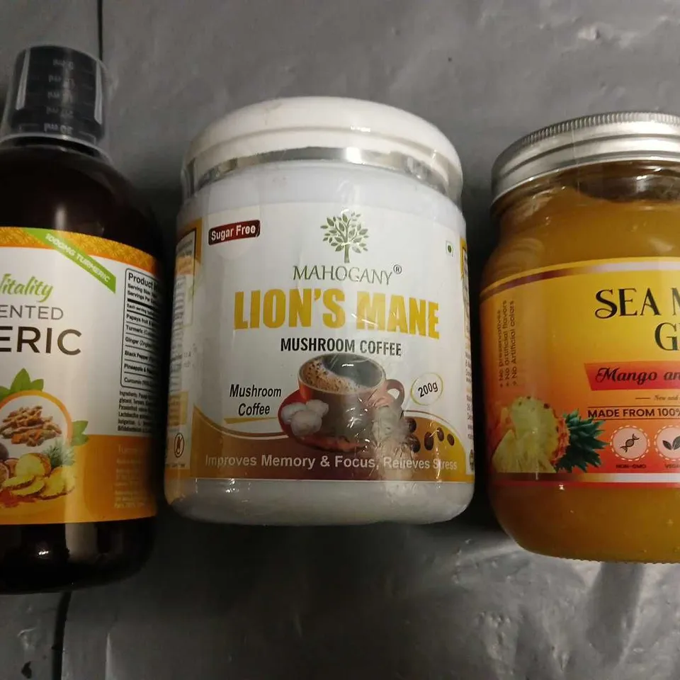 LOT OF 3 ASSORTED FOOD SUPPLEMENTS INCLUDES LIONS MANE MUSHROOM COFFEE, SEA MOSS GEL AND FERMENTED TUMERIC