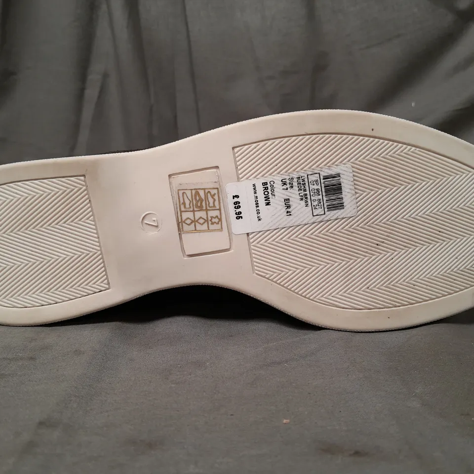 BOXED PAIR OF MOSS SUEDE LOAFERS IN BROWN UK SIZE 7