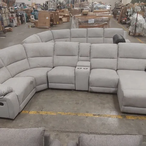 QUALITY DESIGNER FABRIC UPHOLSTERED CORNER SOFA WITH RECLINER, CUP HOLDERS AND STORAGE
