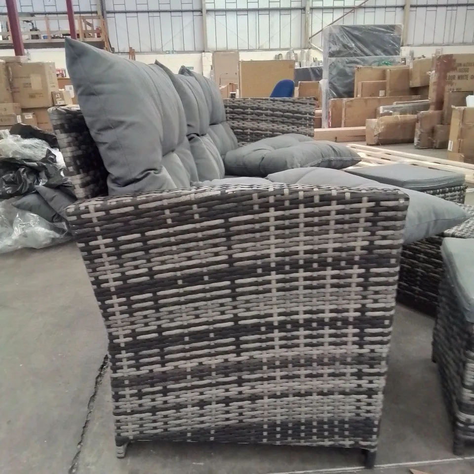 3 SEATER RATTAN SOFA AND 3 FOOT STOOLS WITH ASSORTED CUSHIONS, 