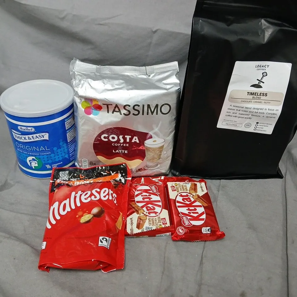 APPROXIMATELY 10 ASSORTED FOOD ITEMS TO INCLUDE CHOCOLATE, TASSIMO AND PUREOATY