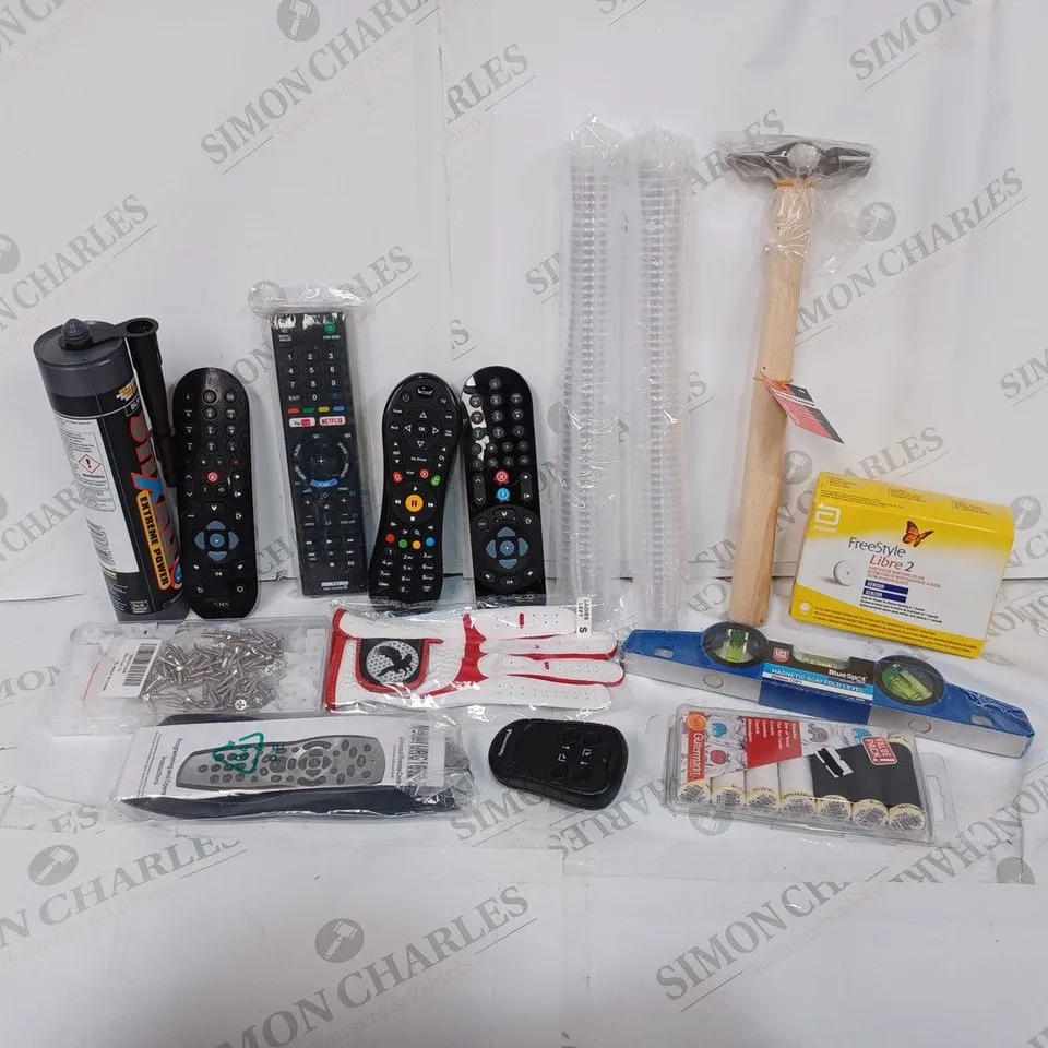 BOX TO CONTAIN APPROX. 20 X ASSORTED HOUSEHOLD PRODUCTS, INCLUDES TV REMOTES, DIY ITEMS, GOLFING GLOVE ETC