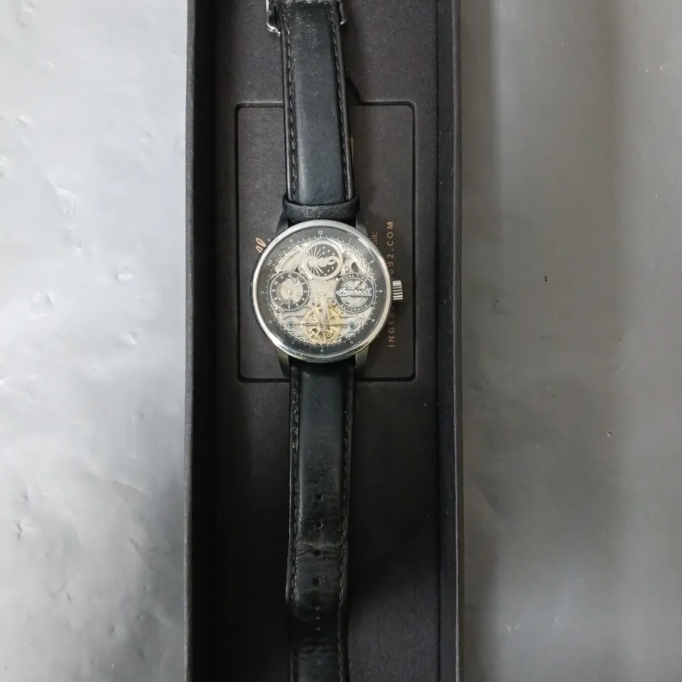 INGERSOLL THE JAZZ SILVER SKELETON MOONPHASE AUTOMATIC DIAL BLACK LEATHER STRAP WATCH RRP £290