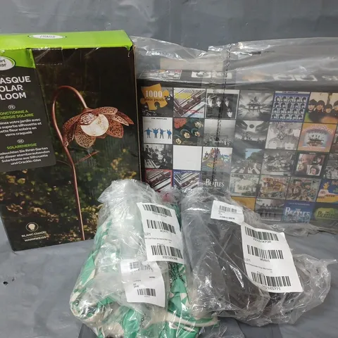 APPROXIMATELY 14 ASSORTED ITEMS TO INCLUDE DAMASQUE SOLAR BLOOM, BEATLES 1000 PIECE PUZZLE, MINI DRESS, ETC - COLLECTION ONLY