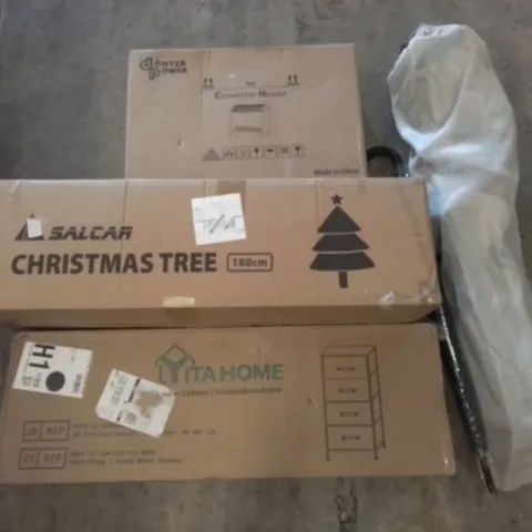 PALLET OF ASSORTED ITEMS INCLUDING CHRISTMAS TREE, DRAWER CABINET, FOLDABLE CAMPING CHAIR, CONVECTOR HEATER, UMBRELLA