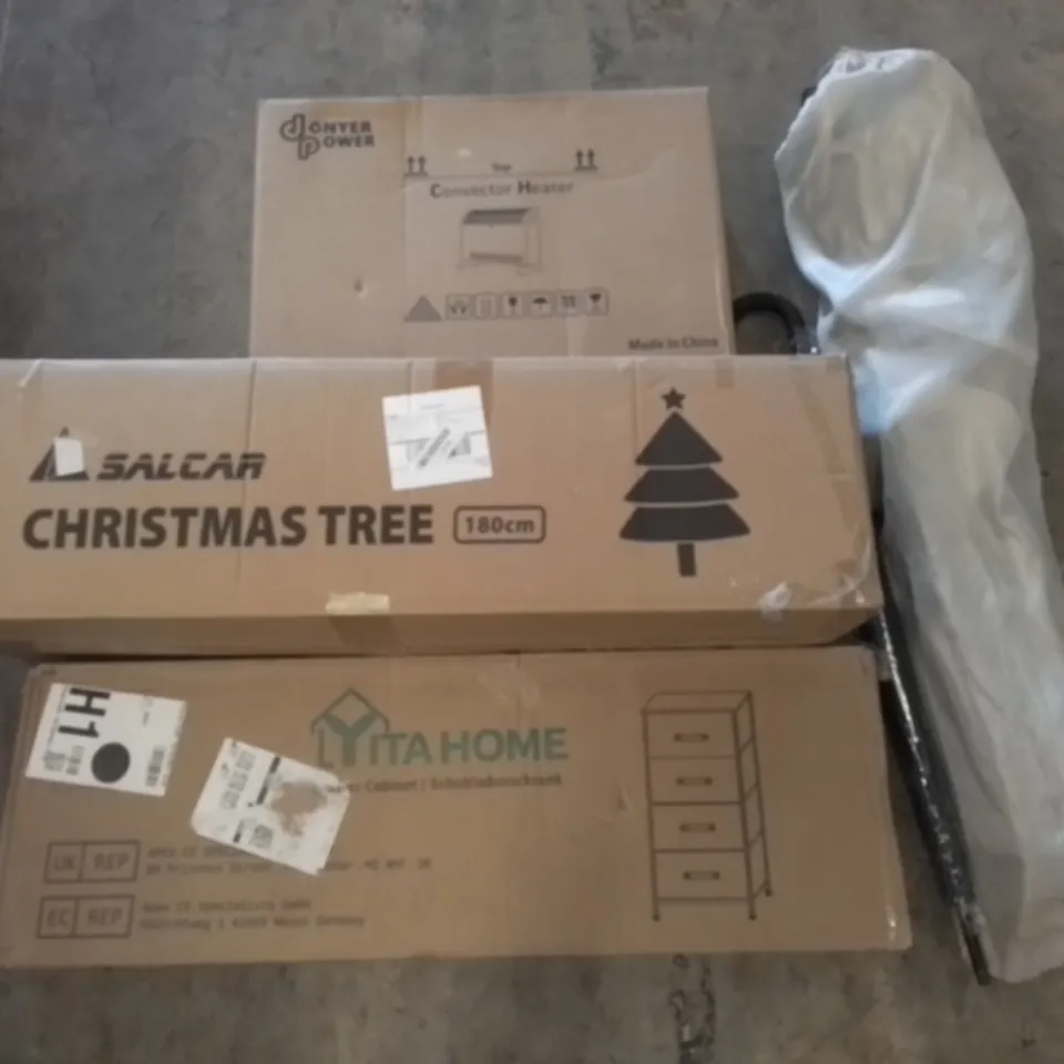 PALLET OF ASSORTED ITEMS INCLUDING CHRISTMAS TREE, DRAWER CABINET, FOLDABLE CAMPING CHAIR, CONVECTOR HEATER, UMBRELLA 