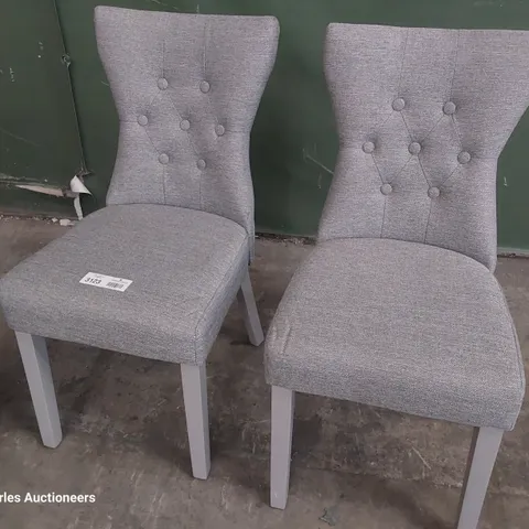 PAIR OF UPHOLSTERED BUTTONED BACK DINING CHAIRS GREY FABRIC ON GREY PAINTED LEGS 