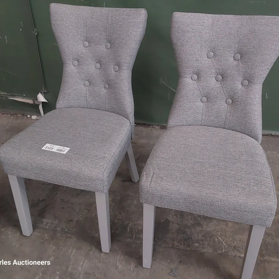 PAIR OF UPHOLSTERED BUTTONED BACK DINING CHAIRS GREY FABRIC ON GREY PAINTED LEGS 