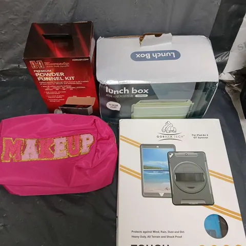 BOX OF APPROXIMATELY 15 HOUSEHOLD ITEMS TO INCLUDE - PINK MAKEUP BAG - LUNCH BOX - CASE FOR IPAD AIR 2