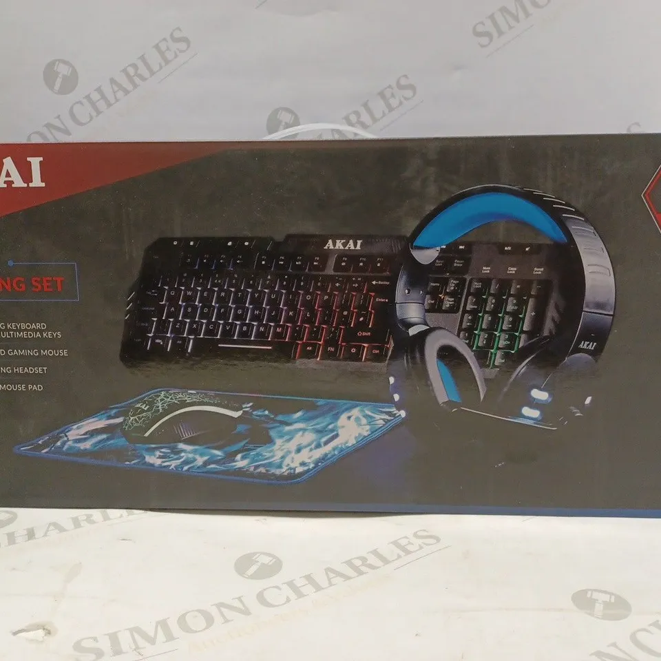 AKAI 4 IN 1 GAMING SET INCLUDES: GAMING KEYBOARD. MOUSE, HEADSET, MOUSE PAD 