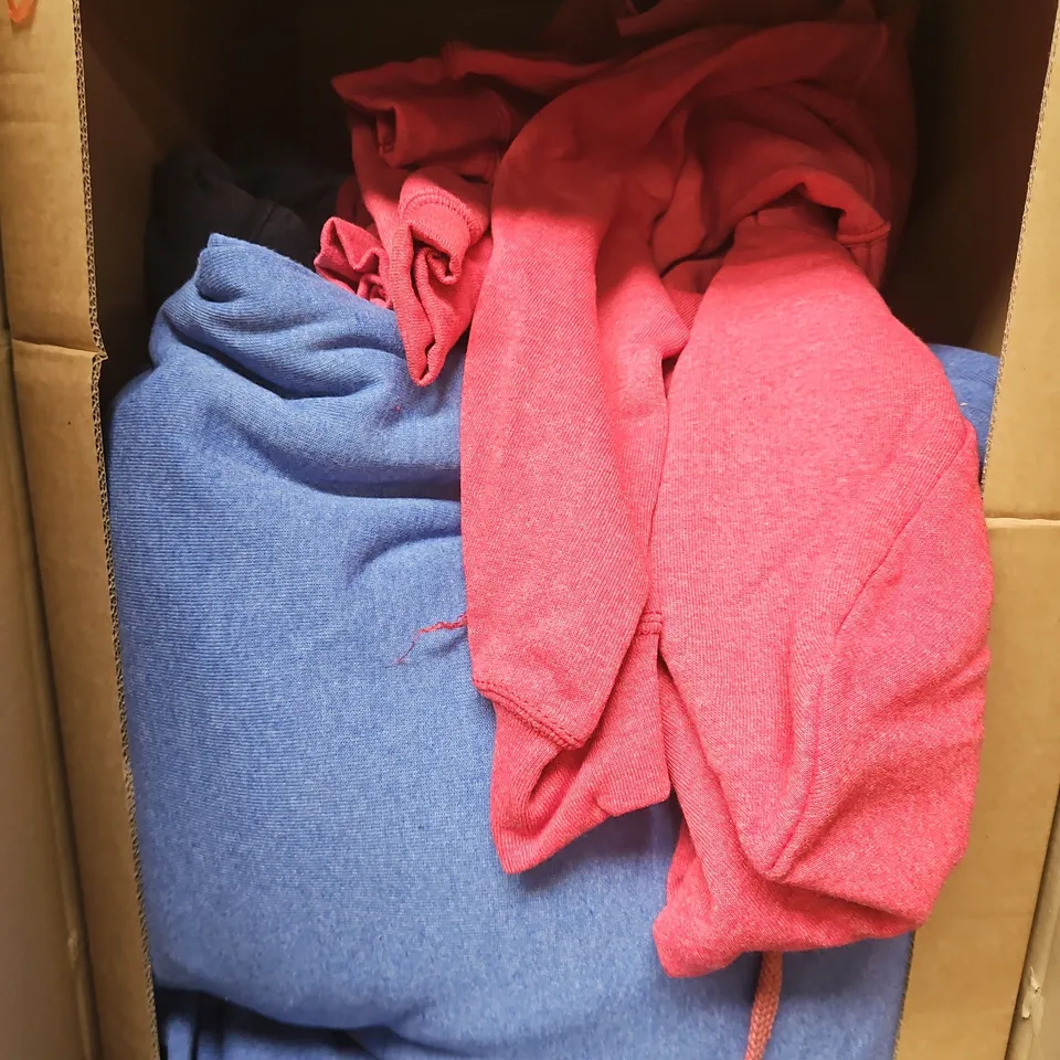 BOX OF ASSORTED HOODIES IN DIFFERENT SIZES AND COLOURS 