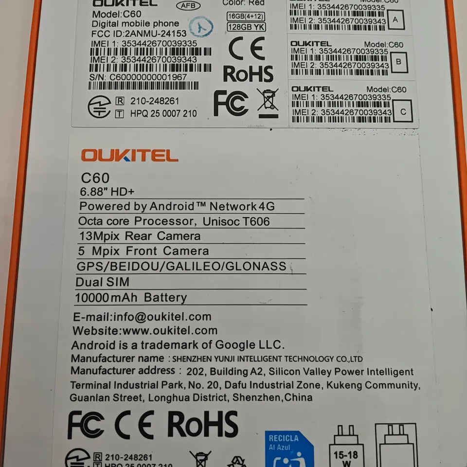 BOXED OUKITEL C60 128GB DIGITAL MOBILE PHONE IN RED