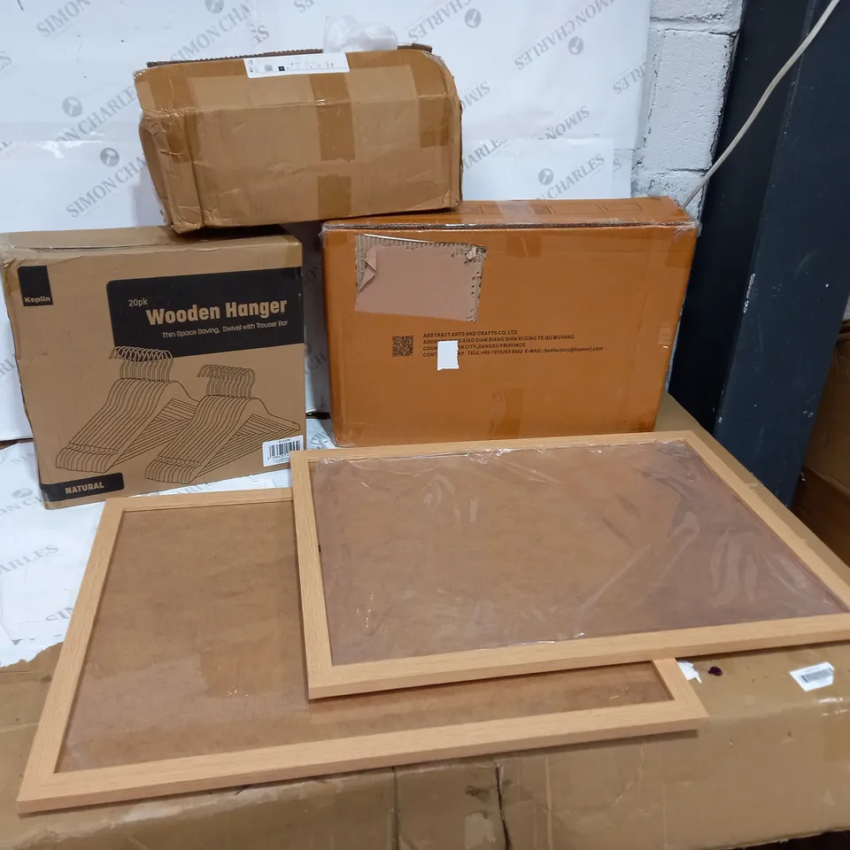 BOX OF 5 ASSORTED ITEMS TO INCLUDE: PICTURE FRAMES, WOODEN HANGER SET ETC