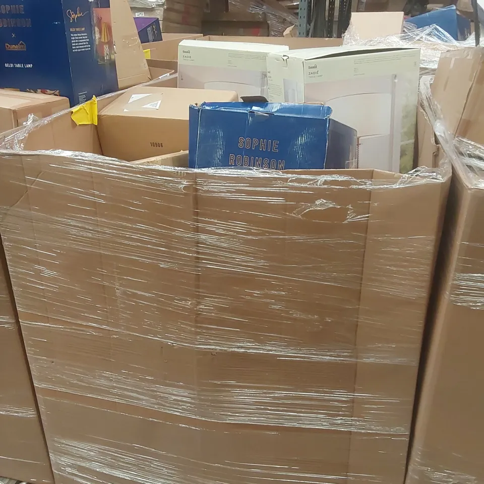 PALLET CONTAINING A VERY LARGE QUANTITY OF ASSORTED DESIGNER LIGHTING PRODUCTS INCLUDING: ZADIE TABLE LAMPS, LEVER ARM FLOOR LAMP, BELDI TABLE LAMP ECT
