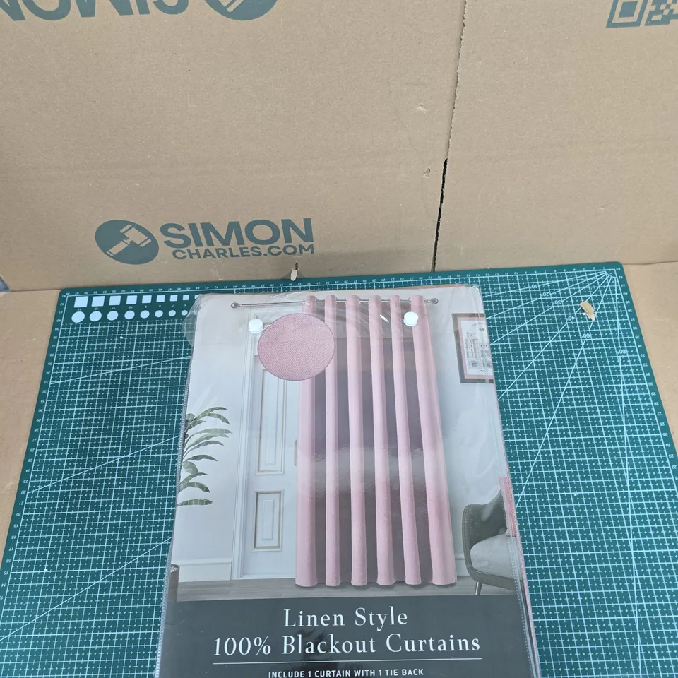 LINEN STYLE 100% BLACKOUT CURTAINS, PINK – 66 X 84 IN (168 X 213 CM) – 1 PANEL WITH TIE BACK