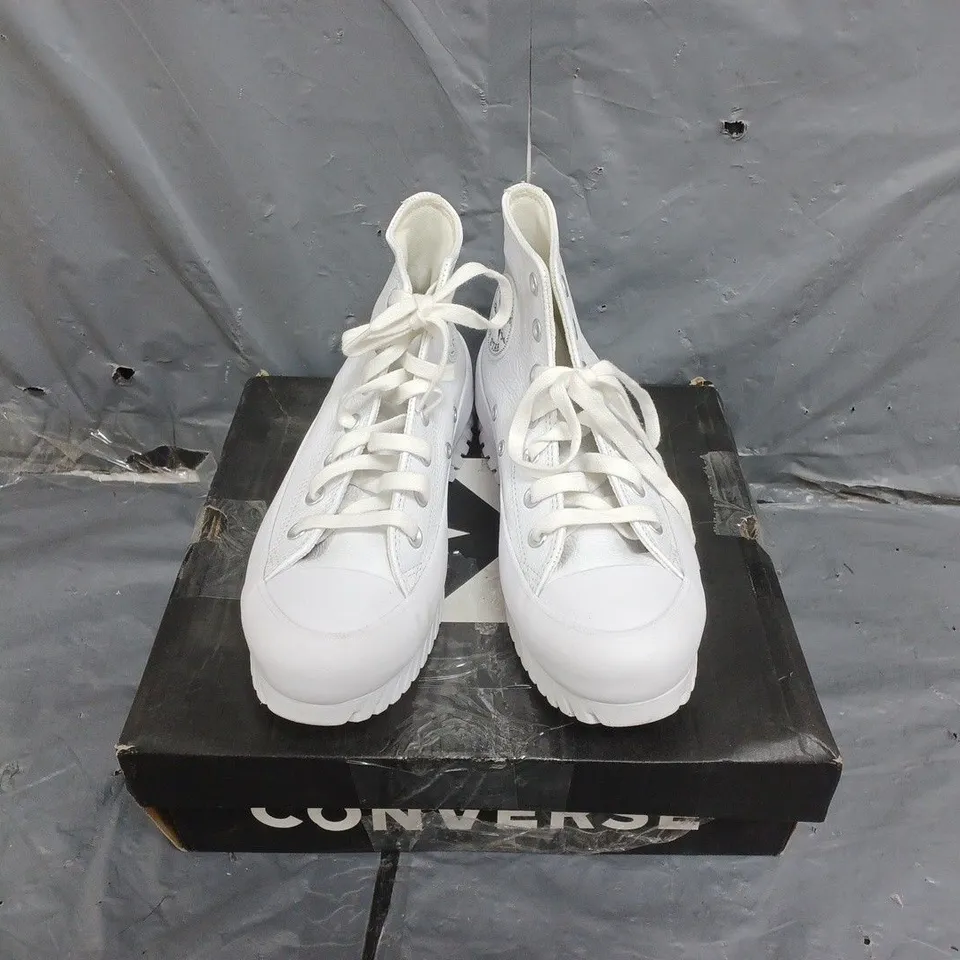 BOXED PAIR OF WOMENS CONVERSE LEATHER HIGH TOP TRAINERS SIZE 5