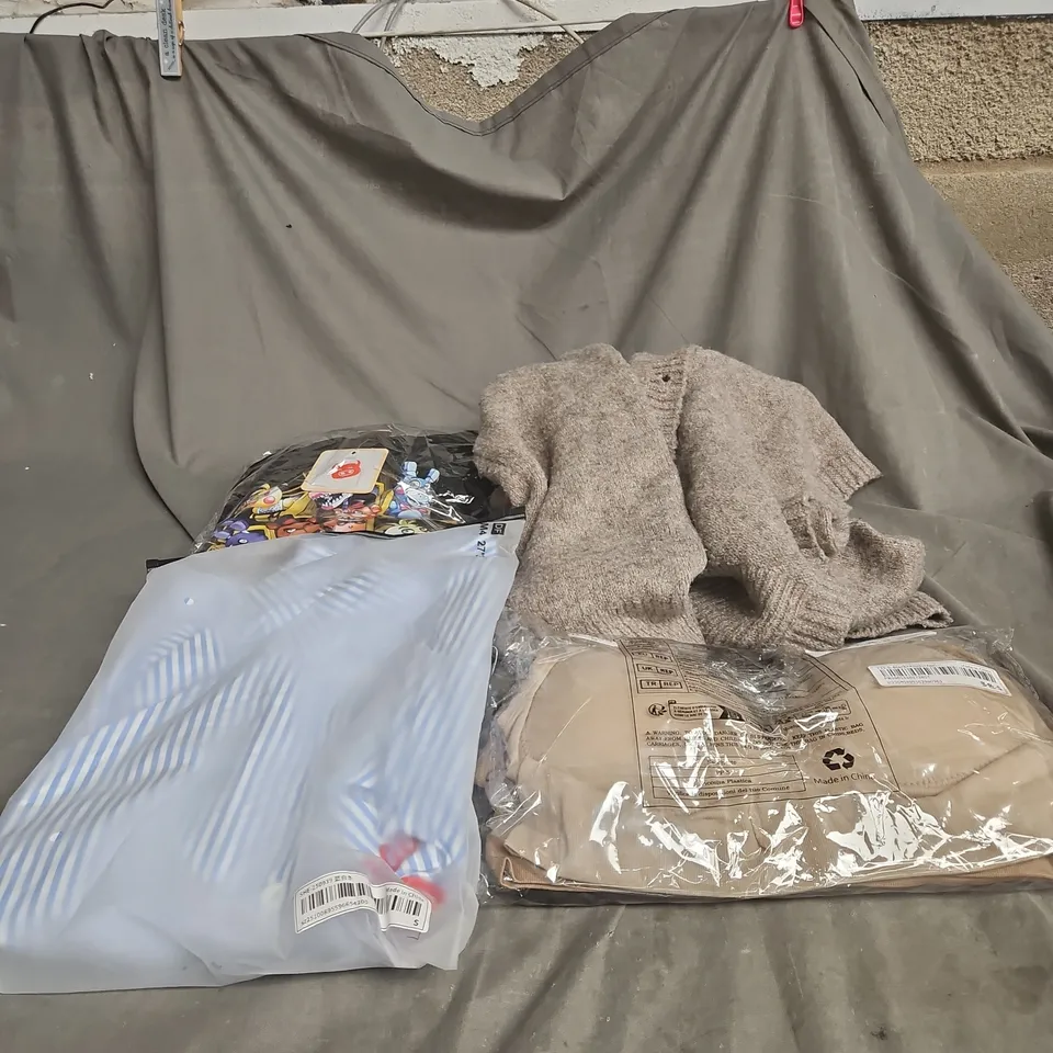 BOX OF APPROXIMATELY 20 ASSORTED CLOTHING ITEMS TO INCLUDE STRIPED SHIRT, CARTOON TOP, KNITTED CARDIGAN, BRAS ETC