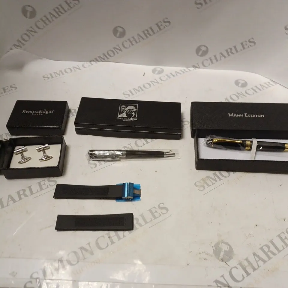 MANN EGERTON PEN, SWAN&EDGAR PEN, SWAN&EDGAR CUFFS, AND BURAN WATCH STRAP 