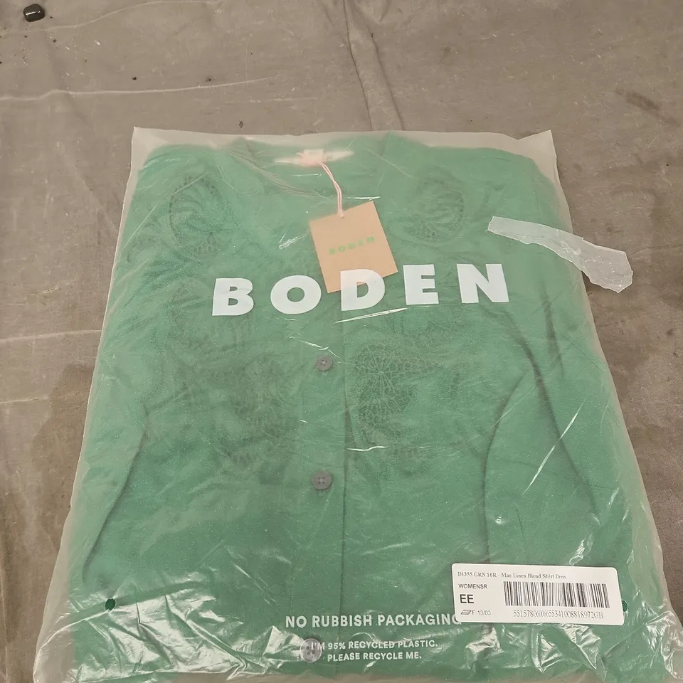 BODEN MAE LINEN BLEND SHIRT DRESS – GREEN, UK 16 (16R)