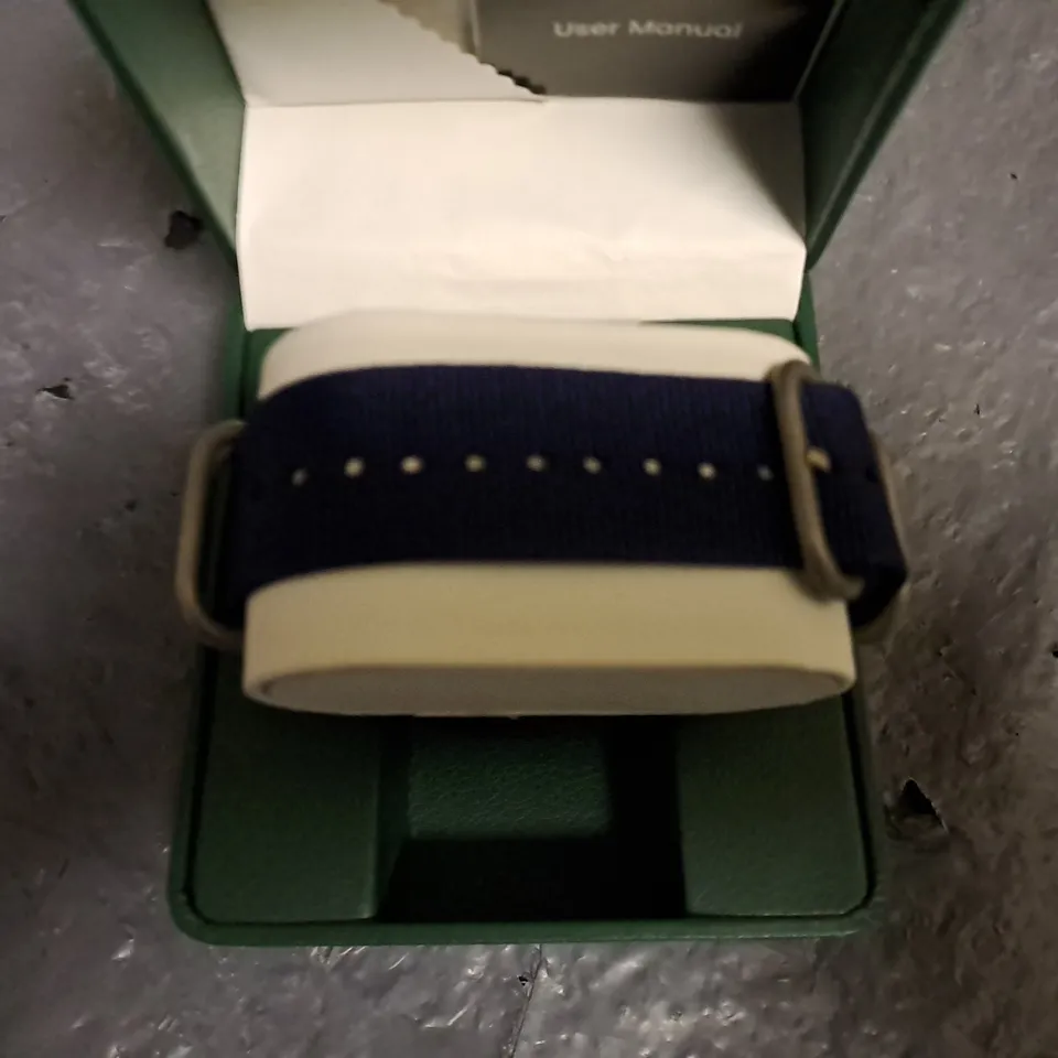 FRANK SCHMIDT WHITE DIAL GENTS WATCH WITH BLACK CASE AND BLUE FABRIC STRAP IN GIFT BOX