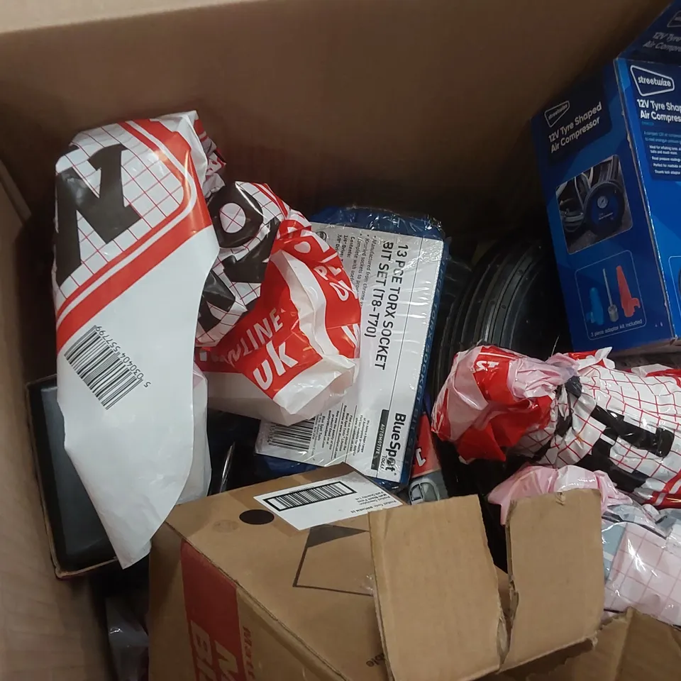 BOX CONTAINING A LARGE ASSORTMENT OF TOOLS/EQUIPMENT INCLUDING: 12PCE DRIVER SET, 12V TYRE SHAPED AIR COMPRESSOR, TORX SOCKET SET, WHEEL ECT