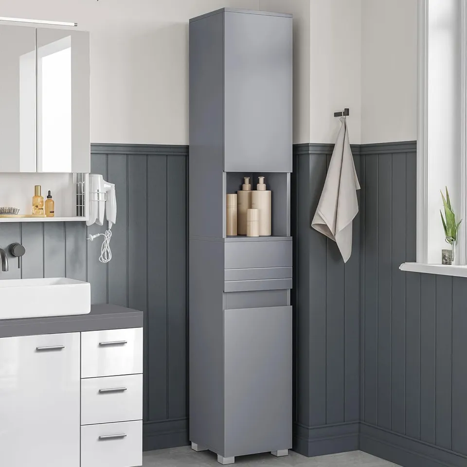BOXED VASAGLE TALL BATHROOM CABINET, SLIM STORAGE CABINET, NARROW CUPBOARD, BATHROOM STORAGE UNIT, WITH A DRAWER, ADJUSTABLE SHELVES, 30×30×170CM, MYSTIC GREY