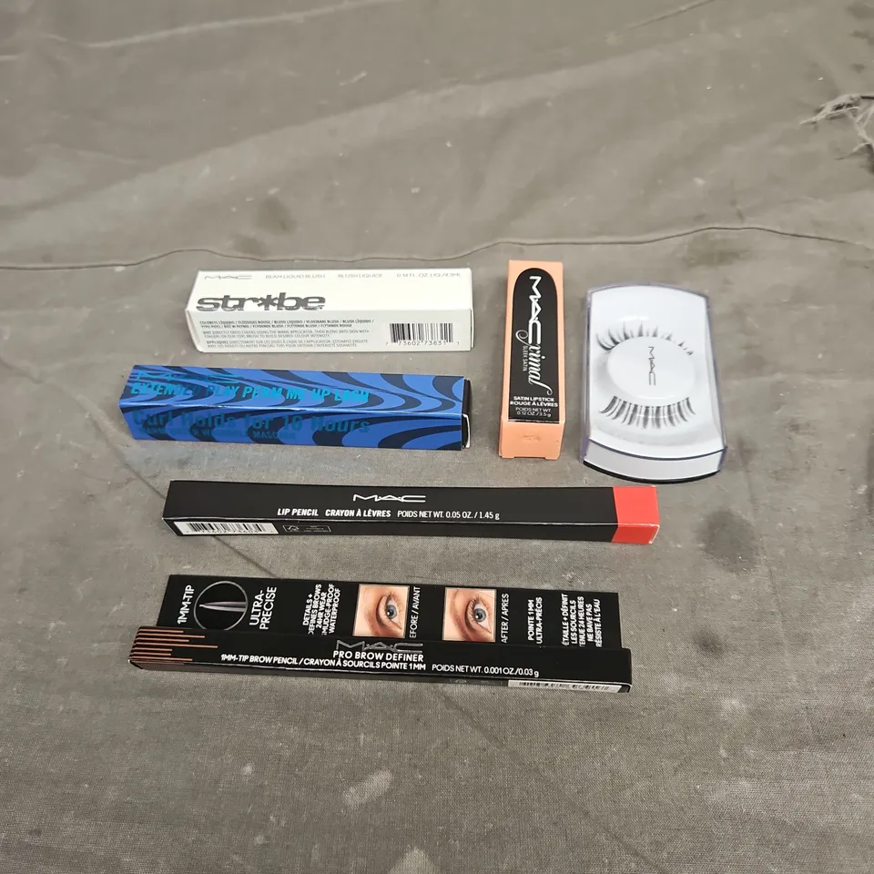 MAC LOT OF 6 ASSORTED COSMETIC PRODUCTS TO INCLUDE - BEAM LIQUID BLUSH IN PLUMMY BARE - MACXIMAL SATIN LIPSTICK IN MYTH - EYELASHES - ETC