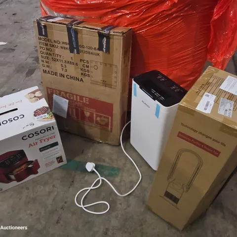 PALLET OF ASSORTED ITEMS, INCLUDING, BALANCE BIKE, DEHUMIDIFIER, AIR FRYER, BLADELESS AIR PURIFIER & HEATER, LED MAKE-UP MIRROR /