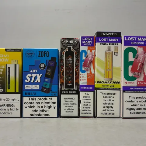 APPROXIMATELY 14 ASSORTED E-CIGARETTE PRODUCTS TO INCLUDE - LOST MARY , ZOFO , TOVI SNOW ETC