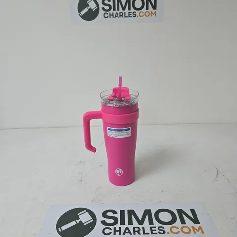 PINK TUMBLER WITH STRAW AND INTEGRATED HANDLE