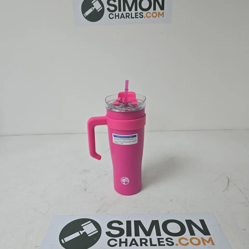 PINK TUMBLER WITH STRAW AND INTEGRATED HANDLE