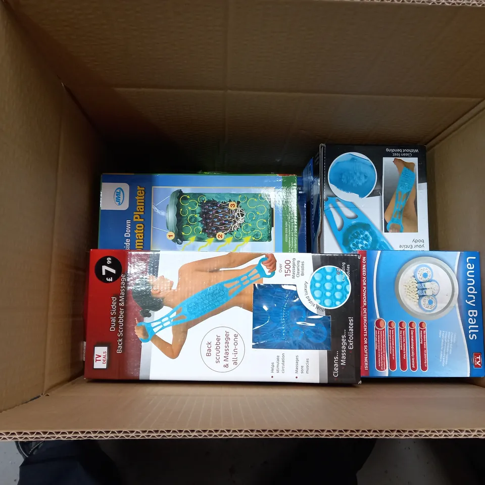 BOX OF ASSORTED ITEMS SET TO INCLUDE TOMATO PLANTER, BACK MASSAGER, LAUNDRY BALLS ETC