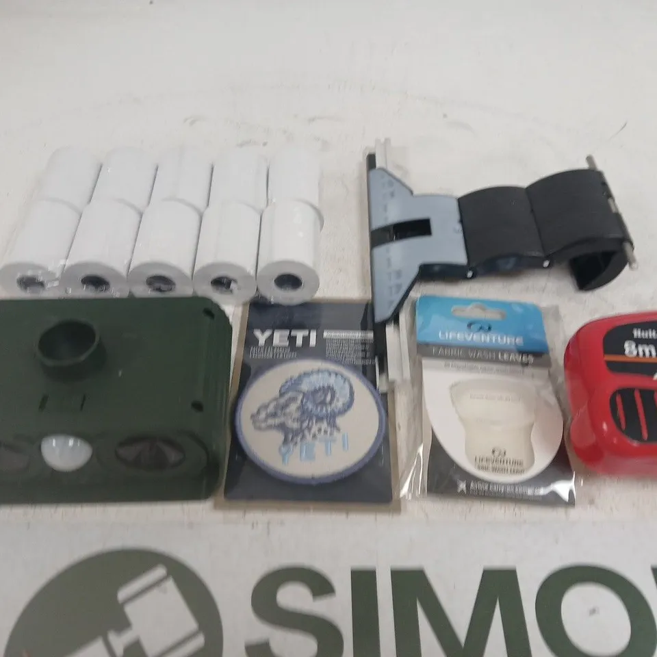 APPROXIMATELY 15 ASSORTED HOUSEHOLD PRODUCTS TO INCLUDE TAPE MEASURE , LABLES AND YETI 