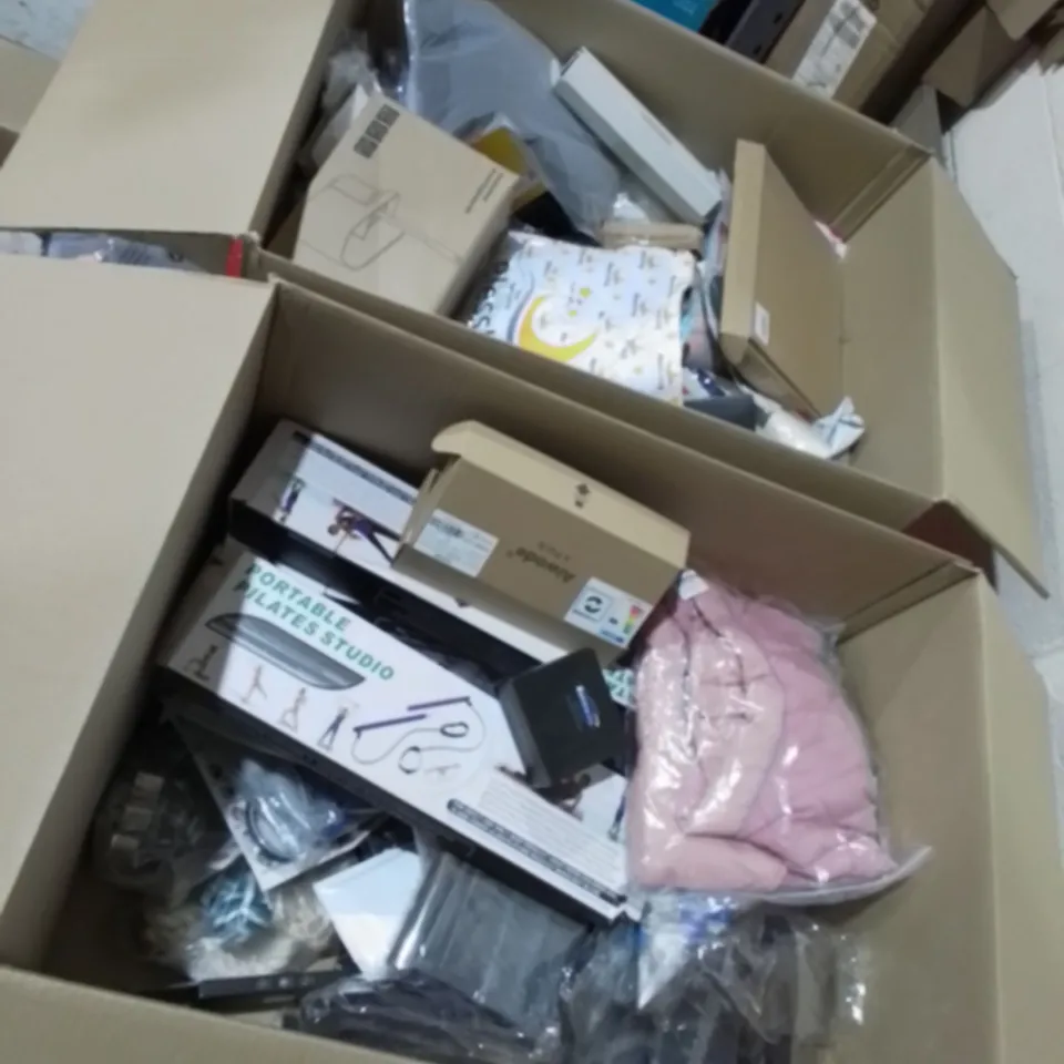 PALLET OF 6 LARGE BOXES OF ASSORTED ITEMS TO INCLUDE: PORTABLE PILATES STUDIO, BRUSH ORGANISER KIT, CAR VENT PHONE HOLDERS, LED LIGHTING KIT ETC