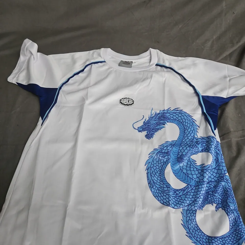 SPLIT MCR WHITE T-SHIRT WITH BLUE DRAGON PRINT – XS