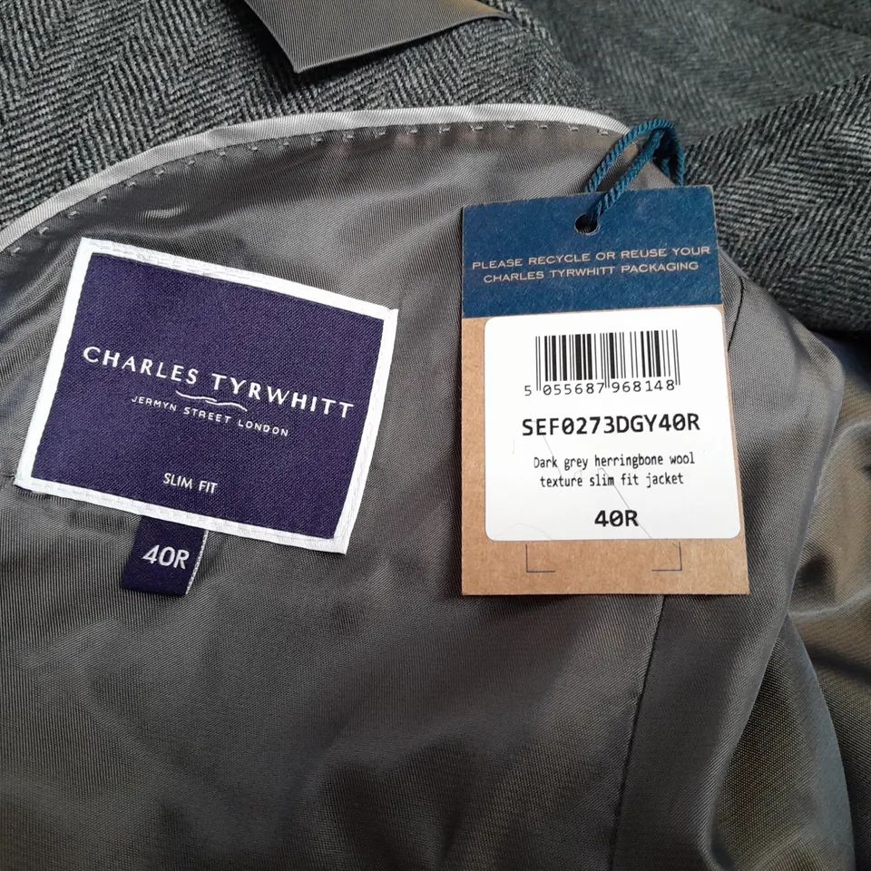 CHARLES TYRWHITT DARK GREY HERRINGBONE WOOL TEXTURED SLIM FIT JACKET - 40R