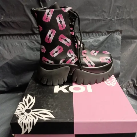 KOI WOMEN'S BLACK COMBAT BOOTS WITH PINK PATTERN, BOXED SIZE 6