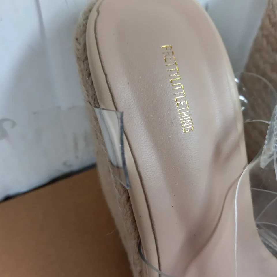 BOXED PAIR OF PRETTY LITTLE THINGS WEDGES (BEIGE, ACRYLIC), SIZE 3 UK