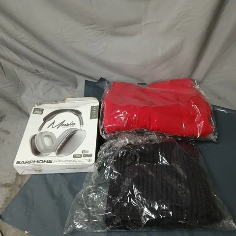 BOX OF APPROXIMATELY 15 ASSORTED ITEMS TO INCLUDE CLOTHING, EARPHONES ETC