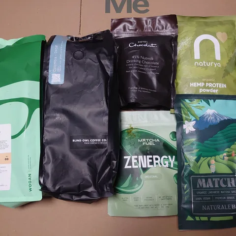 LOT OF 6 ASSORTED DRINKS ITEMS TO INCLUDE MATCHA TEA, HOTEL CHOCOLAT DRINKING CHOCOLATE AND WOGAN COFFEE BEANS
