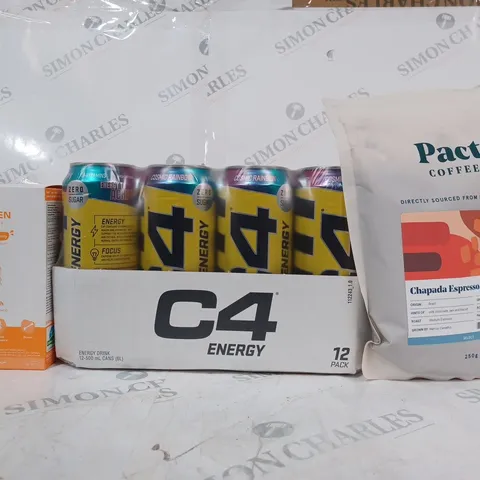 APPROXIMATELY 5 ASSORTED FOOD & DRINK ITEMS TO INCLUDE PACT COFFEE CHAPADA ESPRESSO RED ACAIÁ, C4 ENERGY COSMIC RAINBOW 12 PACK, & ZOOKI COLLAGEN IN MANGO PEACH
