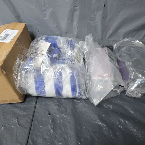 BOX OF APPROXIMATELY 12 ASSORTED ITEMS TO INCLUDE - LIGHT LAMPS , SUNGLASSES , TOWELS , ETC 