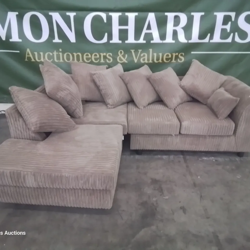 DESIGNER CHAISE SOFA WITH SCATTER CUSHIONS FAWN JUMBO CHORD 