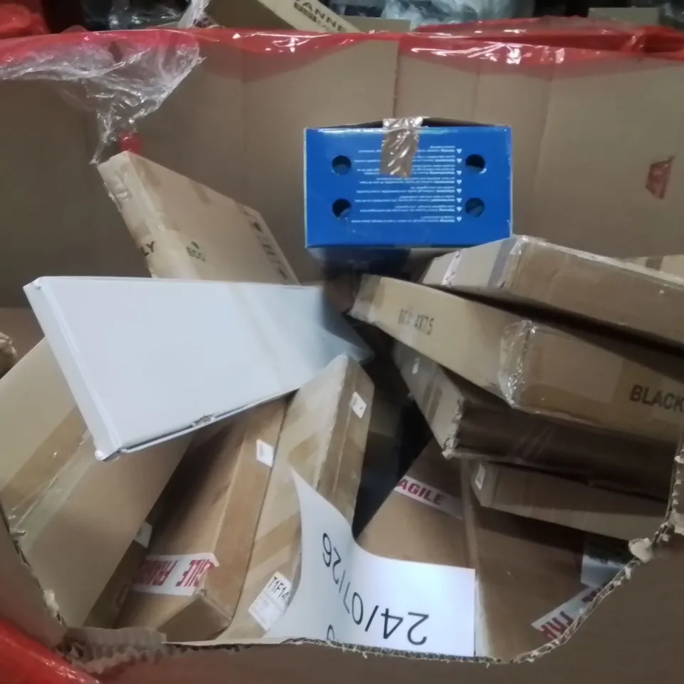 PALLET OF ASSORTED HOUSEHOLD GOODS AND PRODUCTS TO INCLUDE;VINYL FLOOR CUTTER,WALL MOUNT,AIR COOLER 